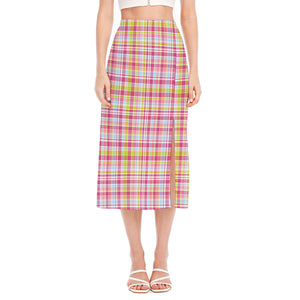 Cotton Candy Pastel Plaid Pattern Print Side Slit Midi Skirt