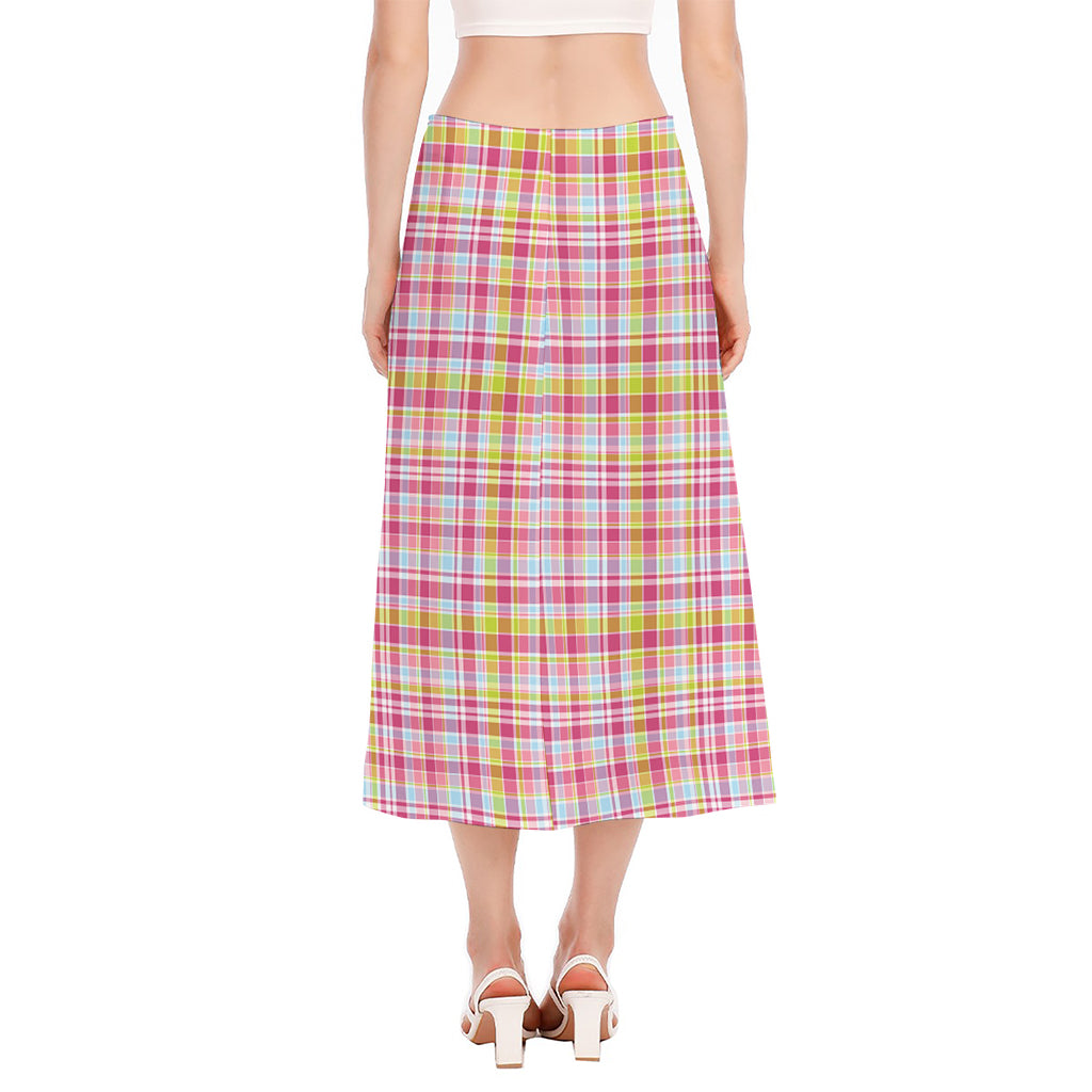 Cotton Candy Pastel Plaid Pattern Print Side Slit Midi Skirt