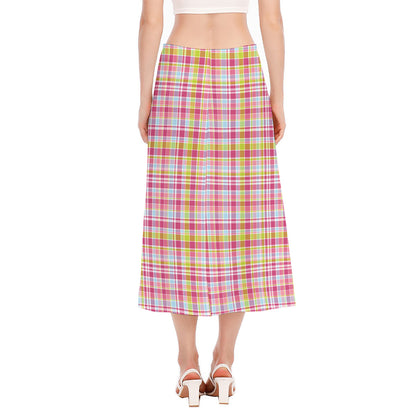 Cotton Candy Pastel Plaid Pattern Print Side Slit Midi Skirt