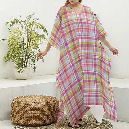 Cotton Candy Pastel Plaid Pattern Print Silk V-Neck Kaftan Dress