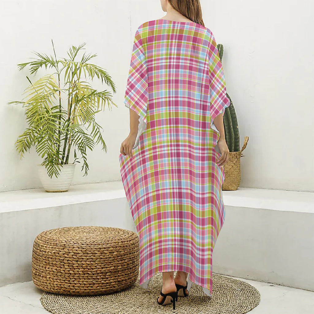 Cotton Candy Pastel Plaid Pattern Print Silk V-Neck Kaftan Dress