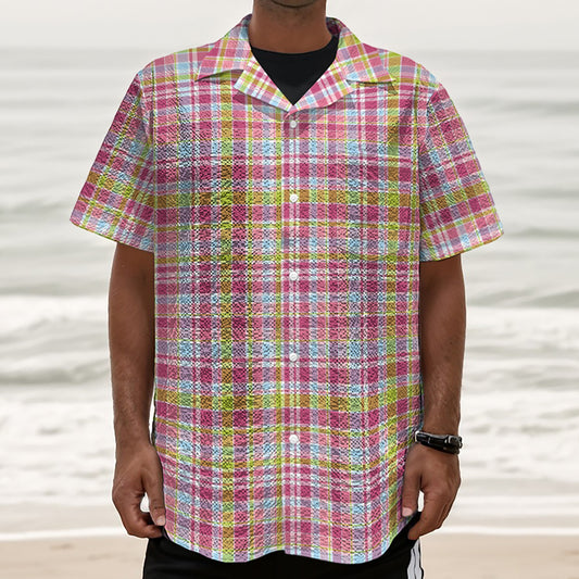 Cotton Candy Pastel Plaid Pattern Print Textured Short Sleeve Shirt