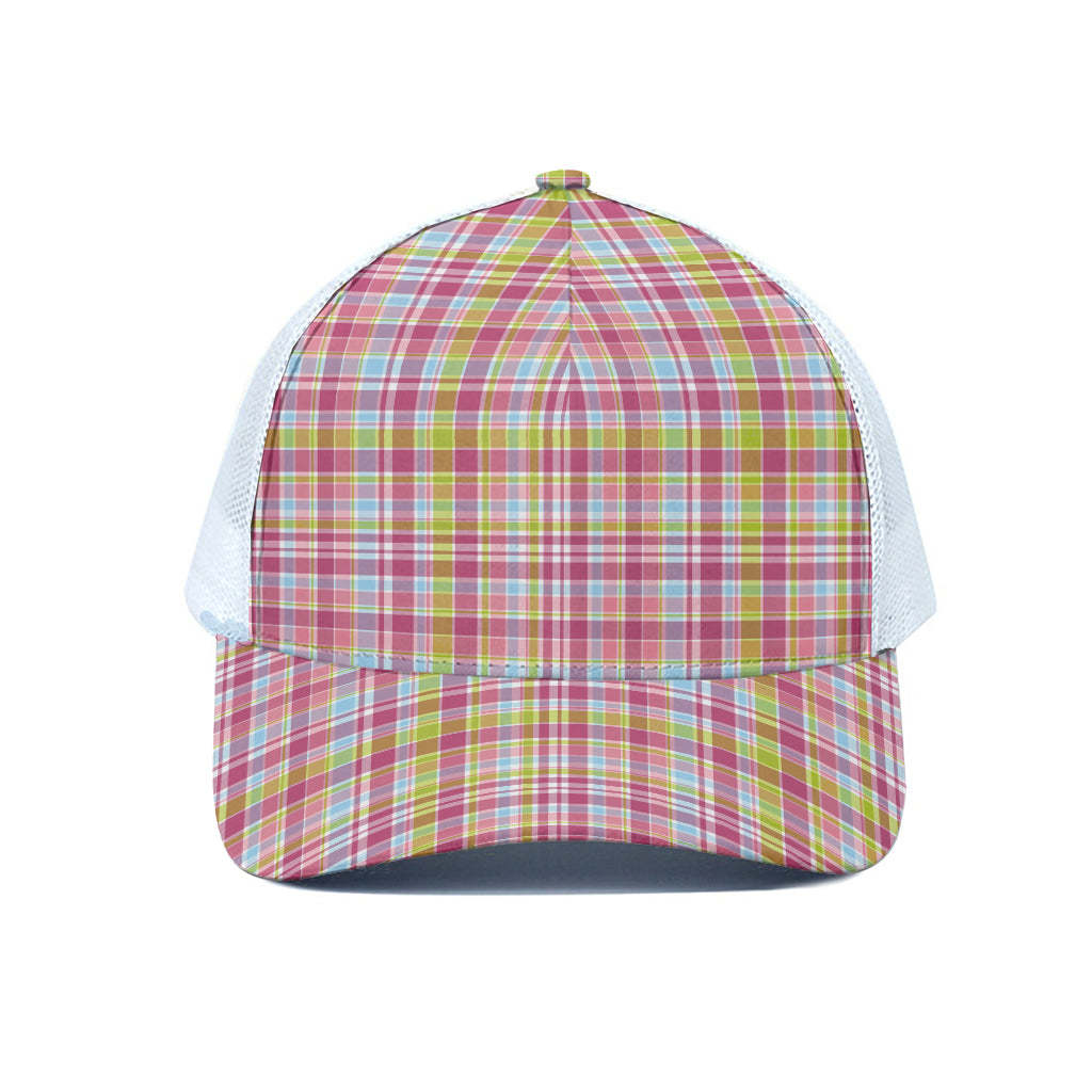 Cotton Candy Pastel Plaid Pattern Print White Mesh Trucker Cap