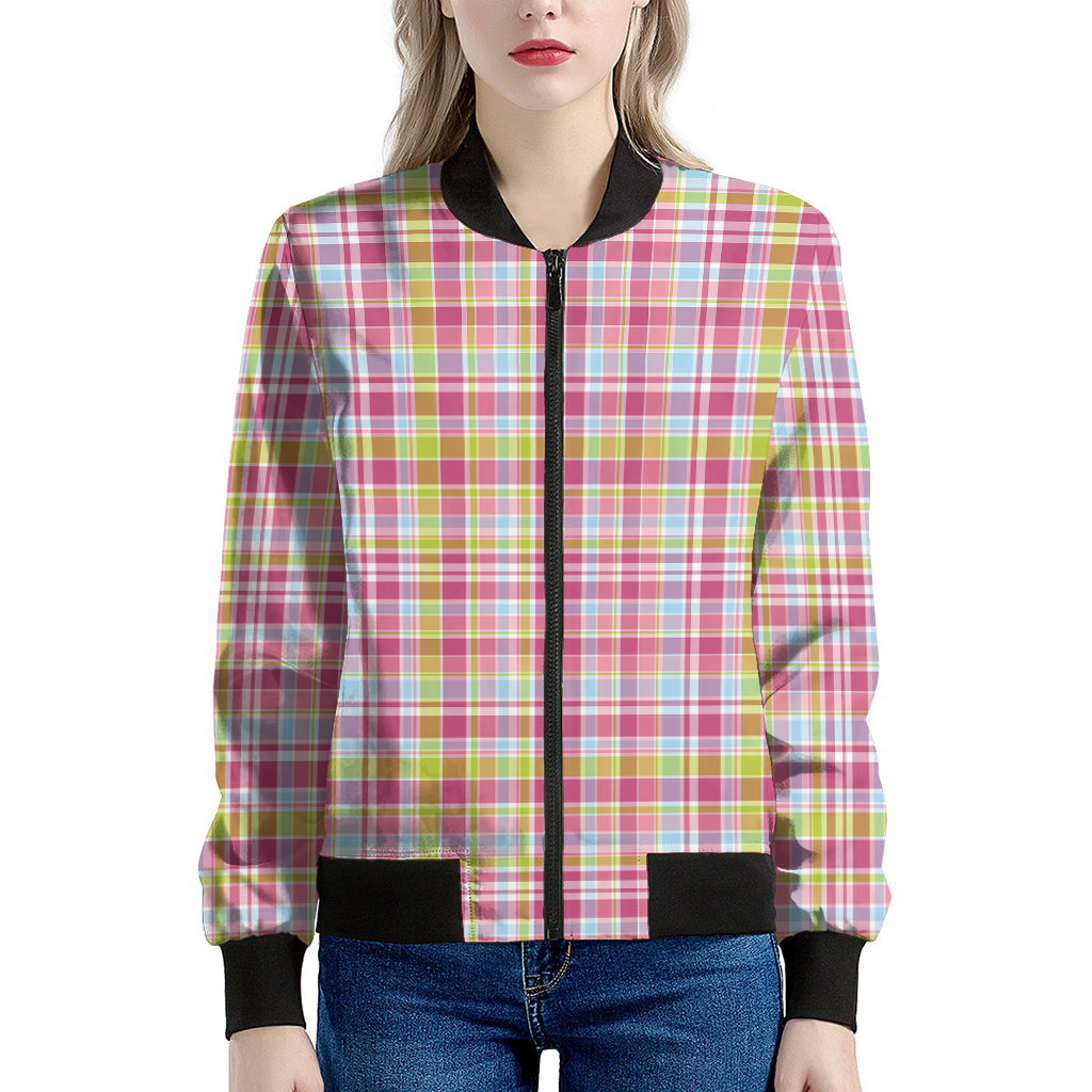 Cotton Candy Pastel Plaid Pattern Print Women's Bomber Jacket