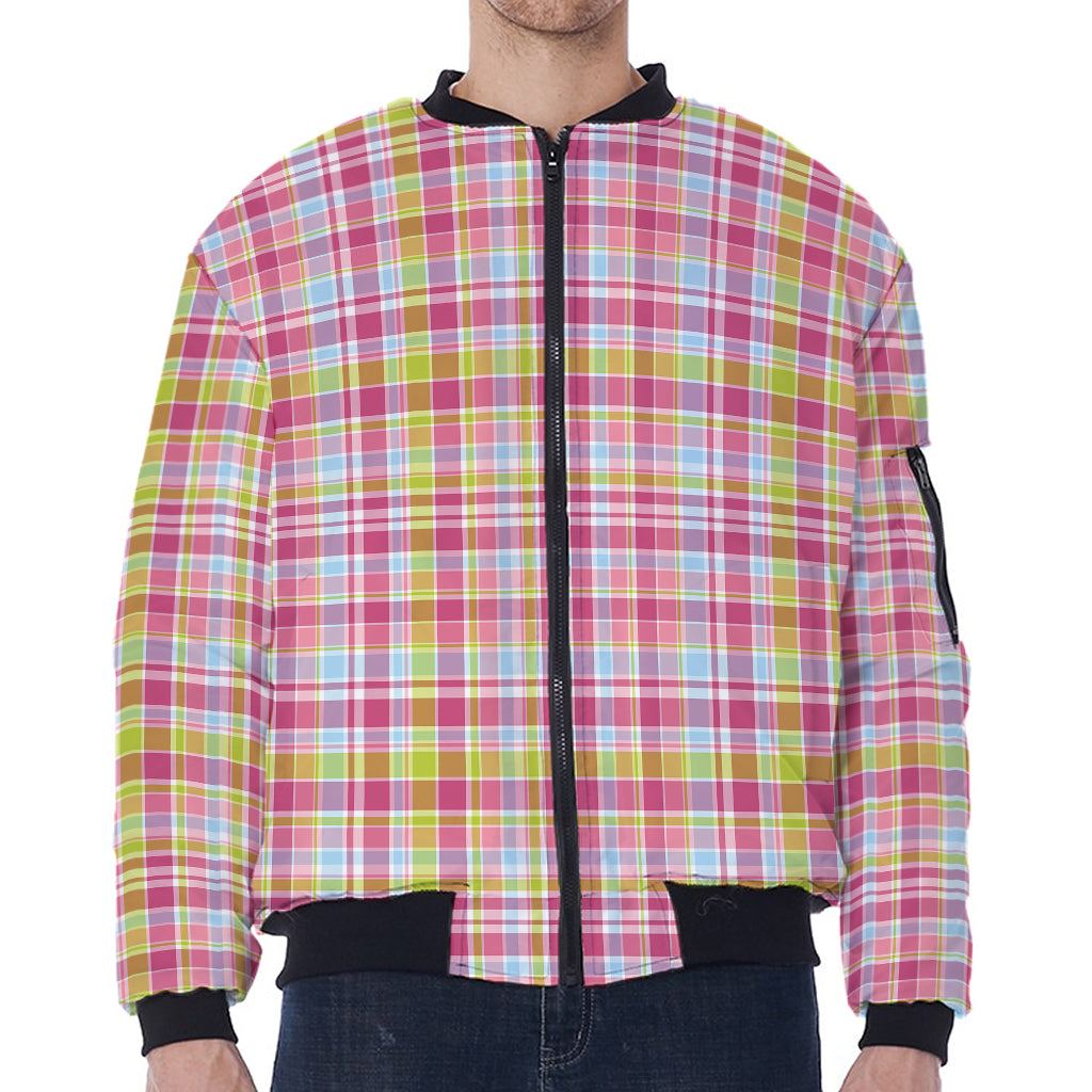 Cotton Candy Pastel Plaid Pattern Print Zip Sleeve Bomber Jacket