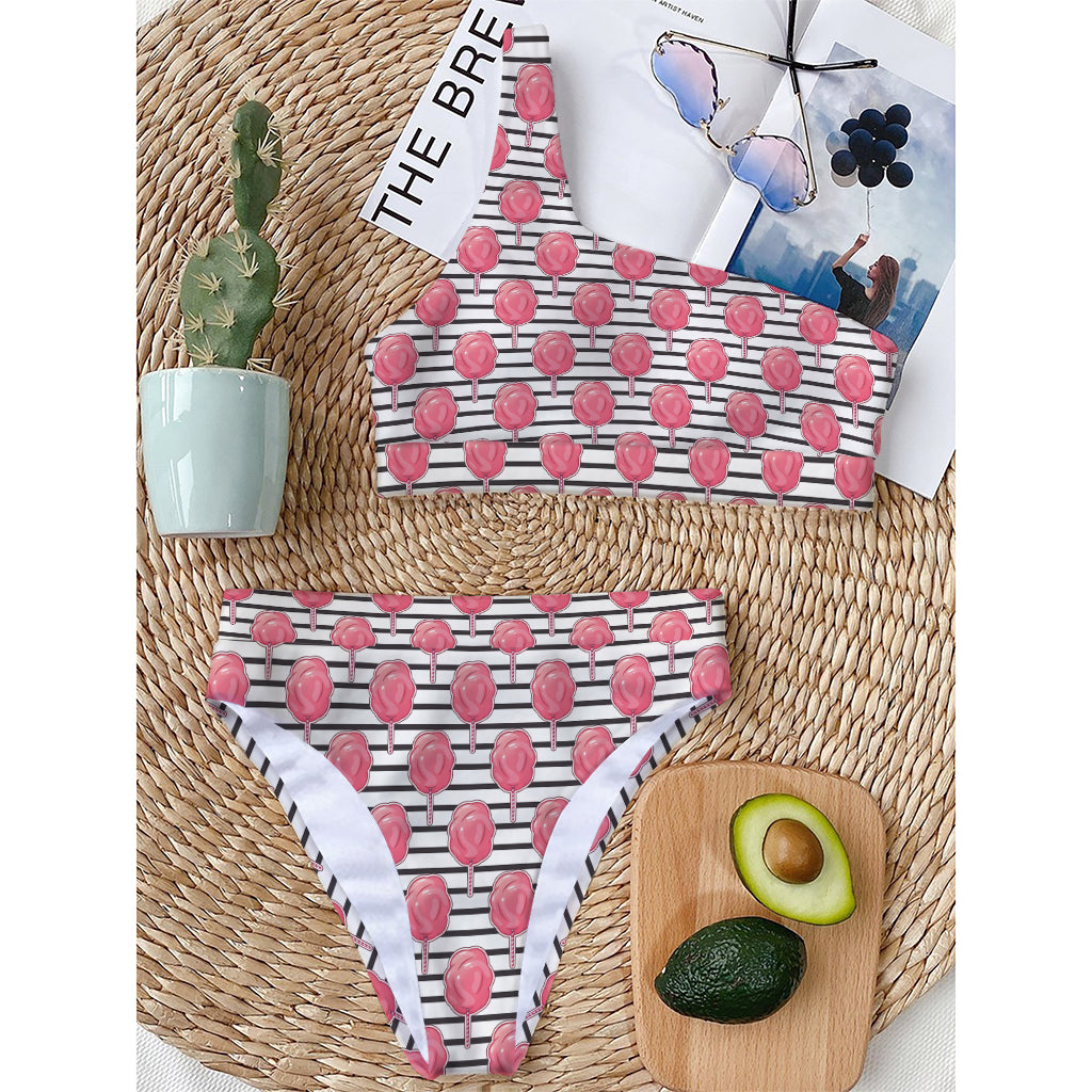 Cotton Candy Striped Pattern Print One Shoulder Bikini Top