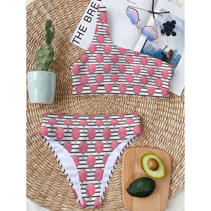 Cotton Candy Striped Pattern Print One Shoulder Bikini Top