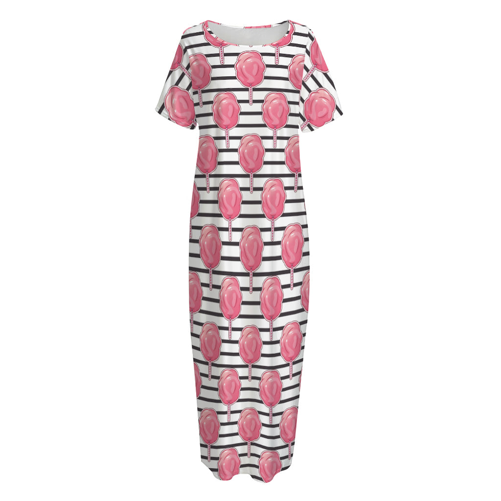 Cotton Candy Striped Pattern Print Short Sleeve Long Nightdress