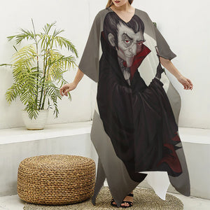 Count Dracula Print Silk V-Neck Kaftan Dress