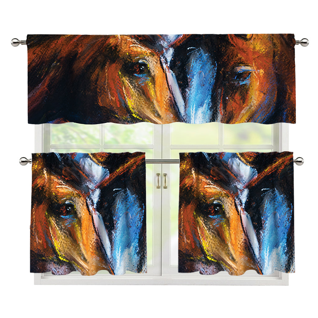 Couple Horses Painting Print 3 Piece Kitchen Curtains