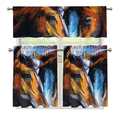 Couple Horses Painting Print 3 Piece Kitchen Curtains