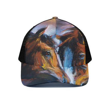 Couple Horses Painting Print Black Mesh Trucker Cap