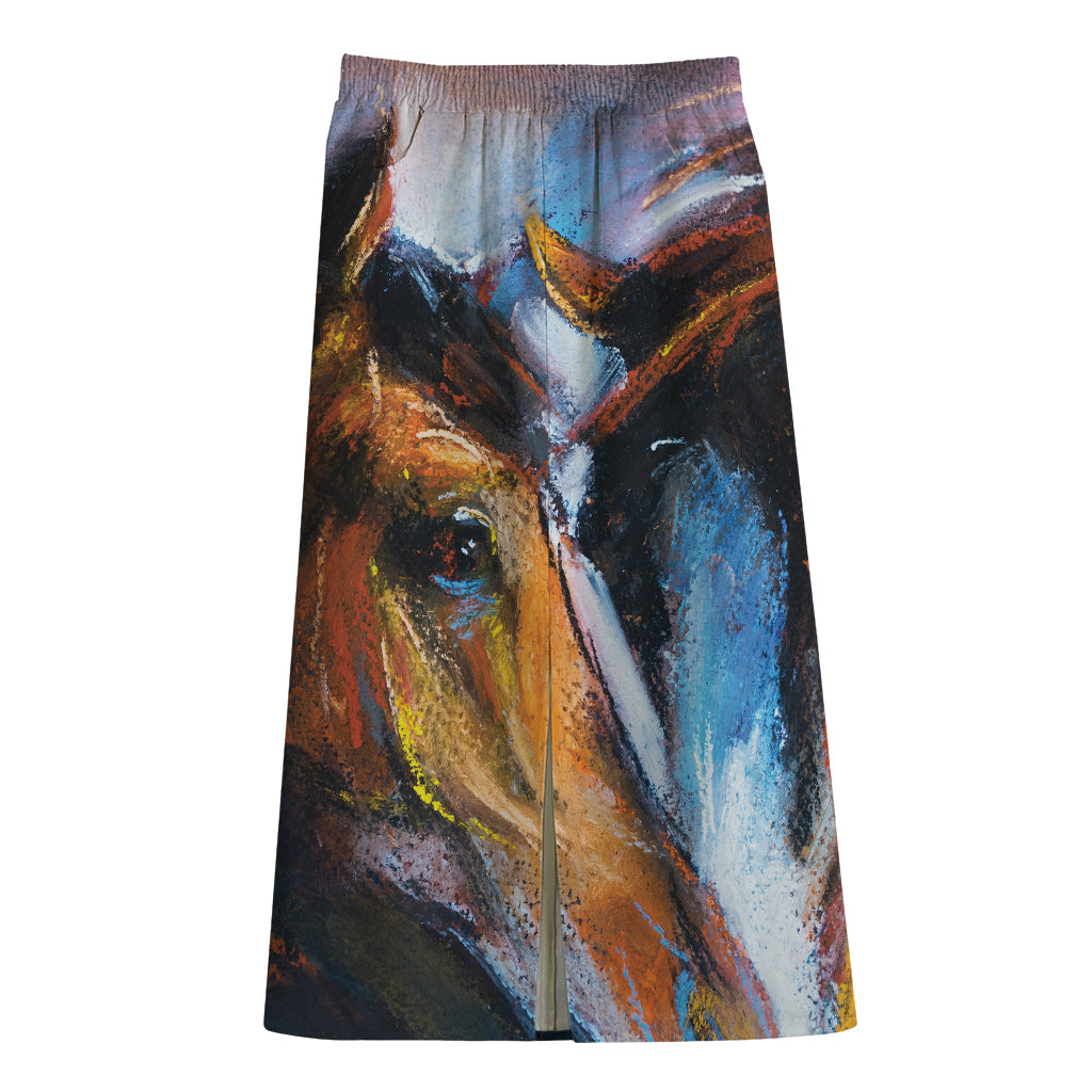 Couple Horses Painting Print Cotton Front Slit Maxi Skirt