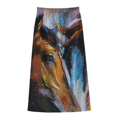Couple Horses Painting Print Cotton Front Slit Maxi Skirt