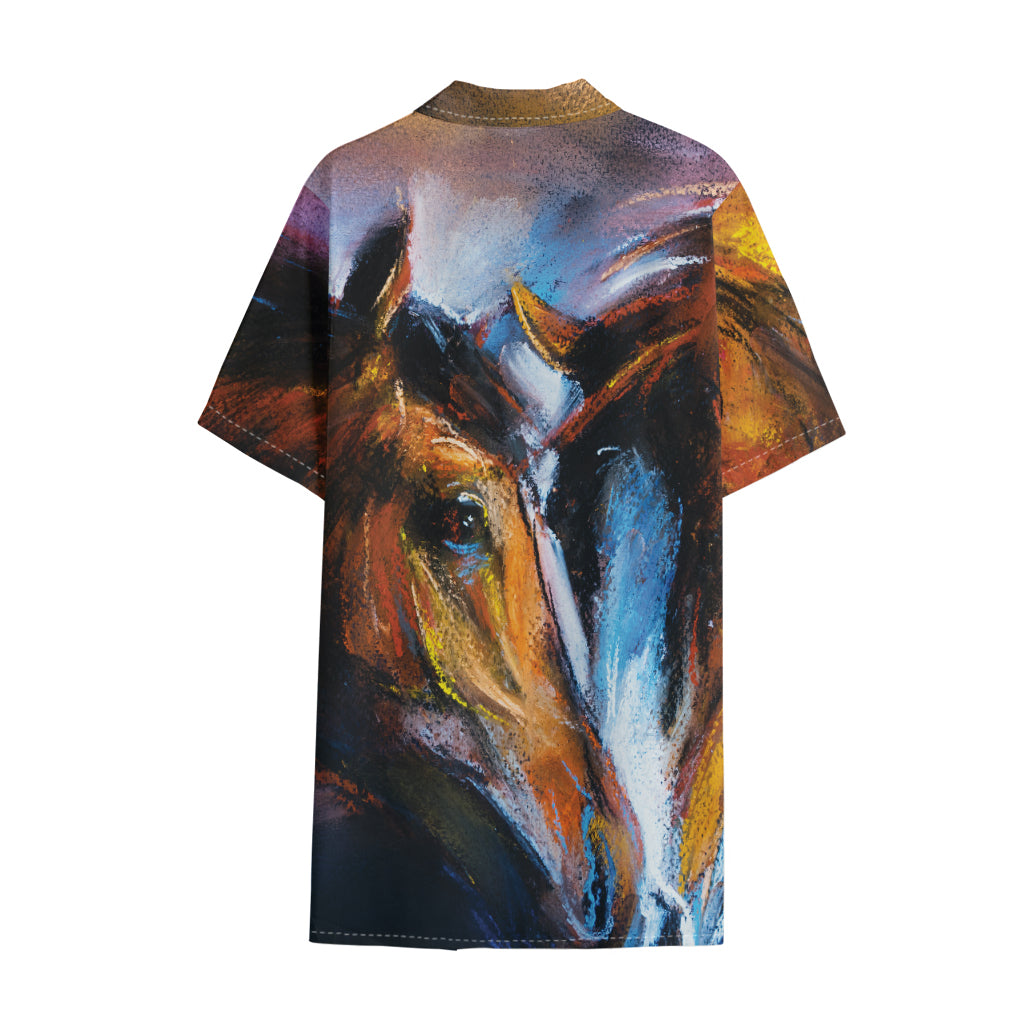 Couple Horses Painting Print Cotton Hawaiian Shirt