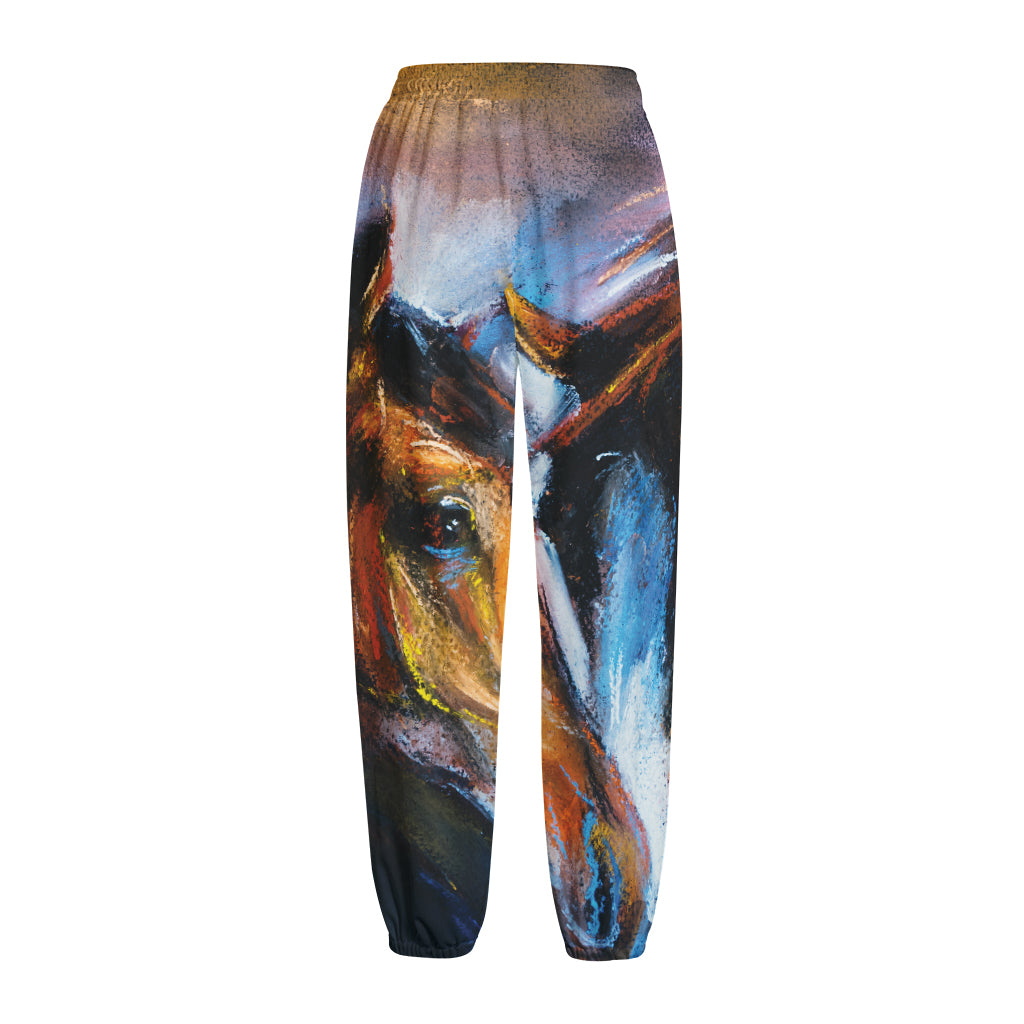 Couple Horses Painting Print Fleece Lined Knit Pants