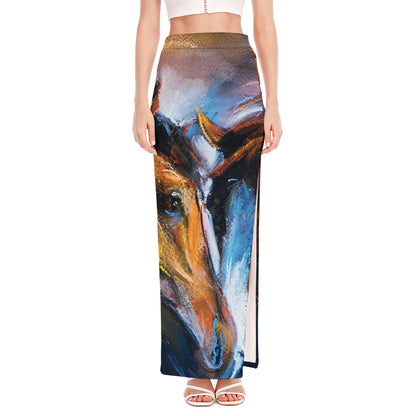 Couple Horses Painting Print High Slit Maxi Skirt