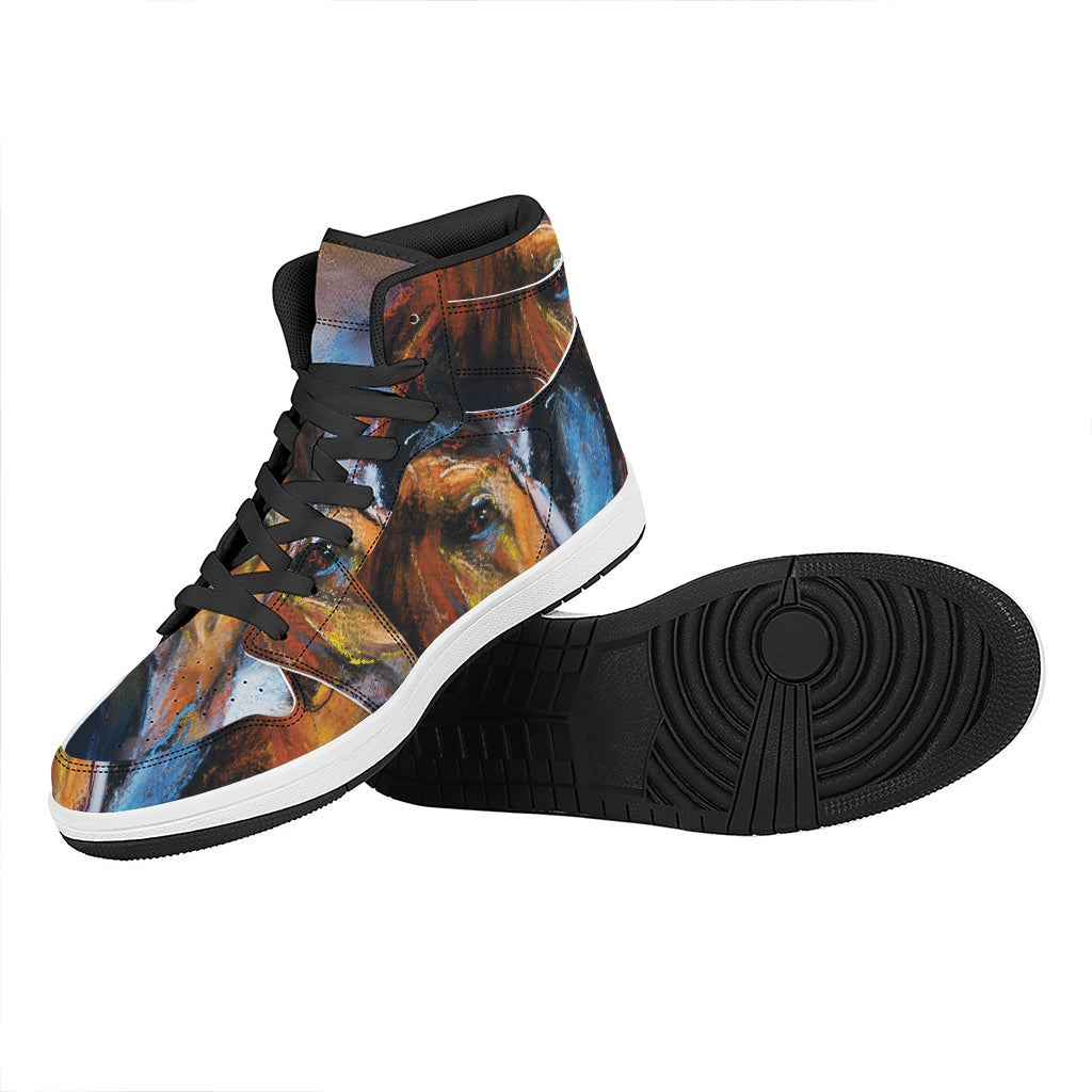 Couple Horses Painting Print High Top Leather Sneakers
