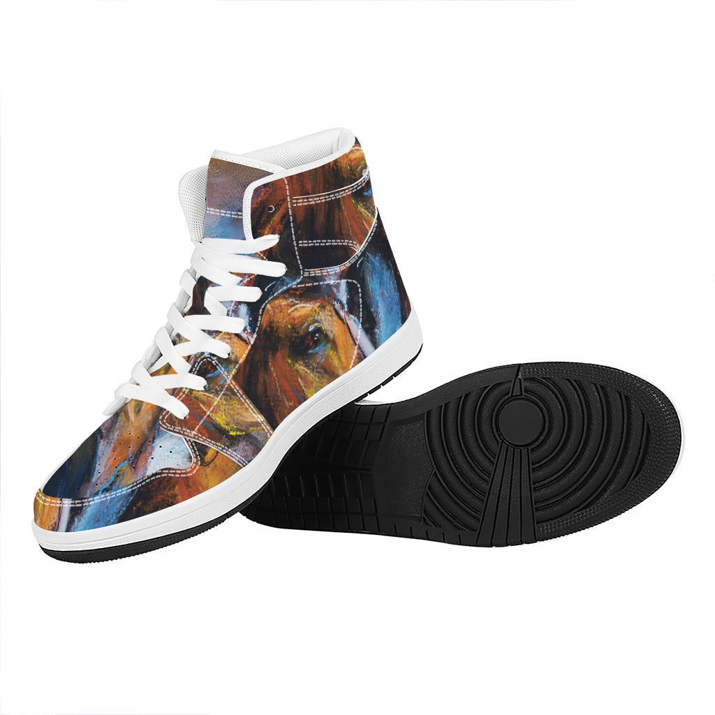 Couple Horses Painting Print High Top Leather Sneakers