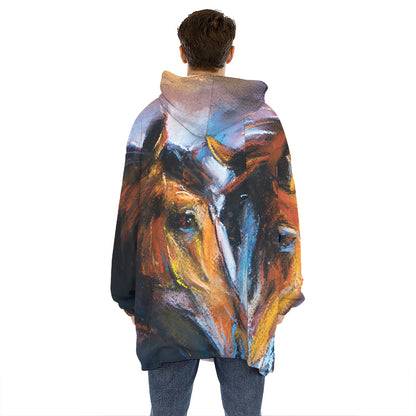 Couple Horses Painting Print Hoodie Blanket