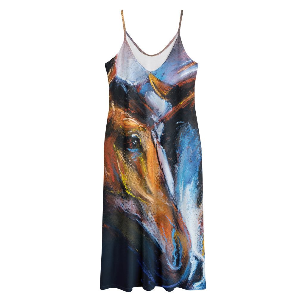 Couple Horses Painting Print Jersey Midi Cami Dress