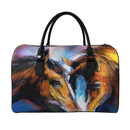 Couple Horses Painting Print Leather Duffle Bag