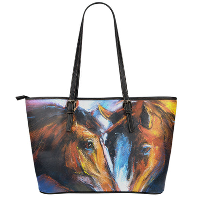 Couple Horses Painting Print Leather Tote Bag