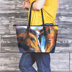 Couple Horses Painting Print Leather Tote Bag