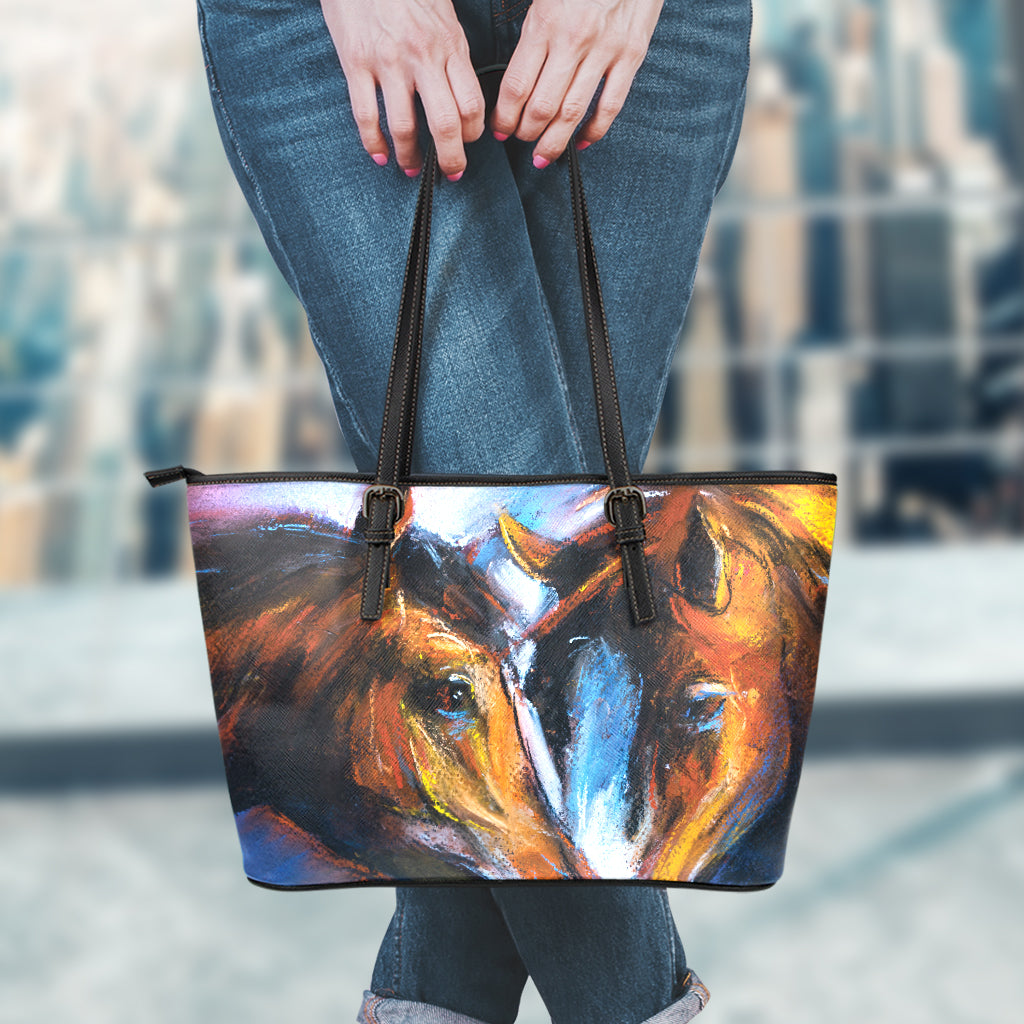 Couple Horses Painting Print Leather Tote Bag