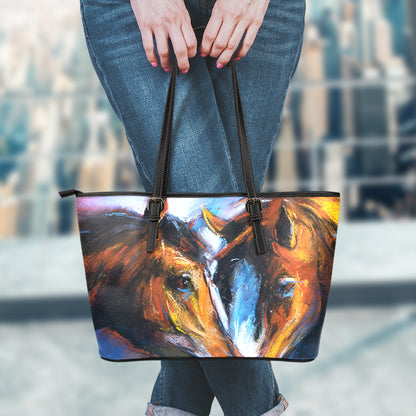 Couple Horses Painting Print Leather Tote Bag