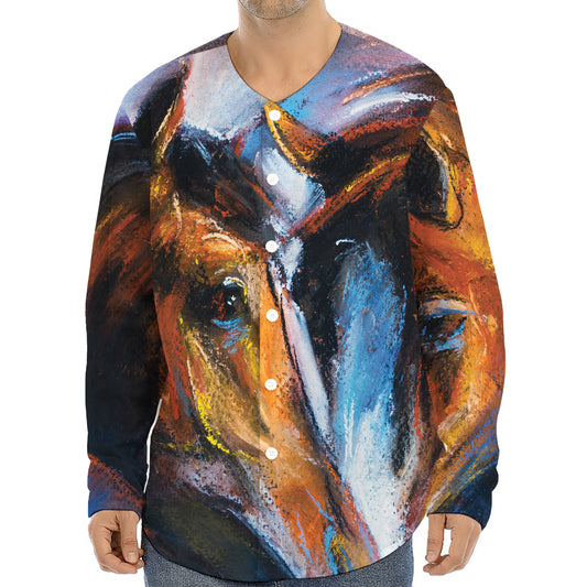 Couple Horses Painting Print Long Sleeve Baseball Jersey