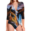 Couple Horses Painting Print Long Sleeve Swimsuit