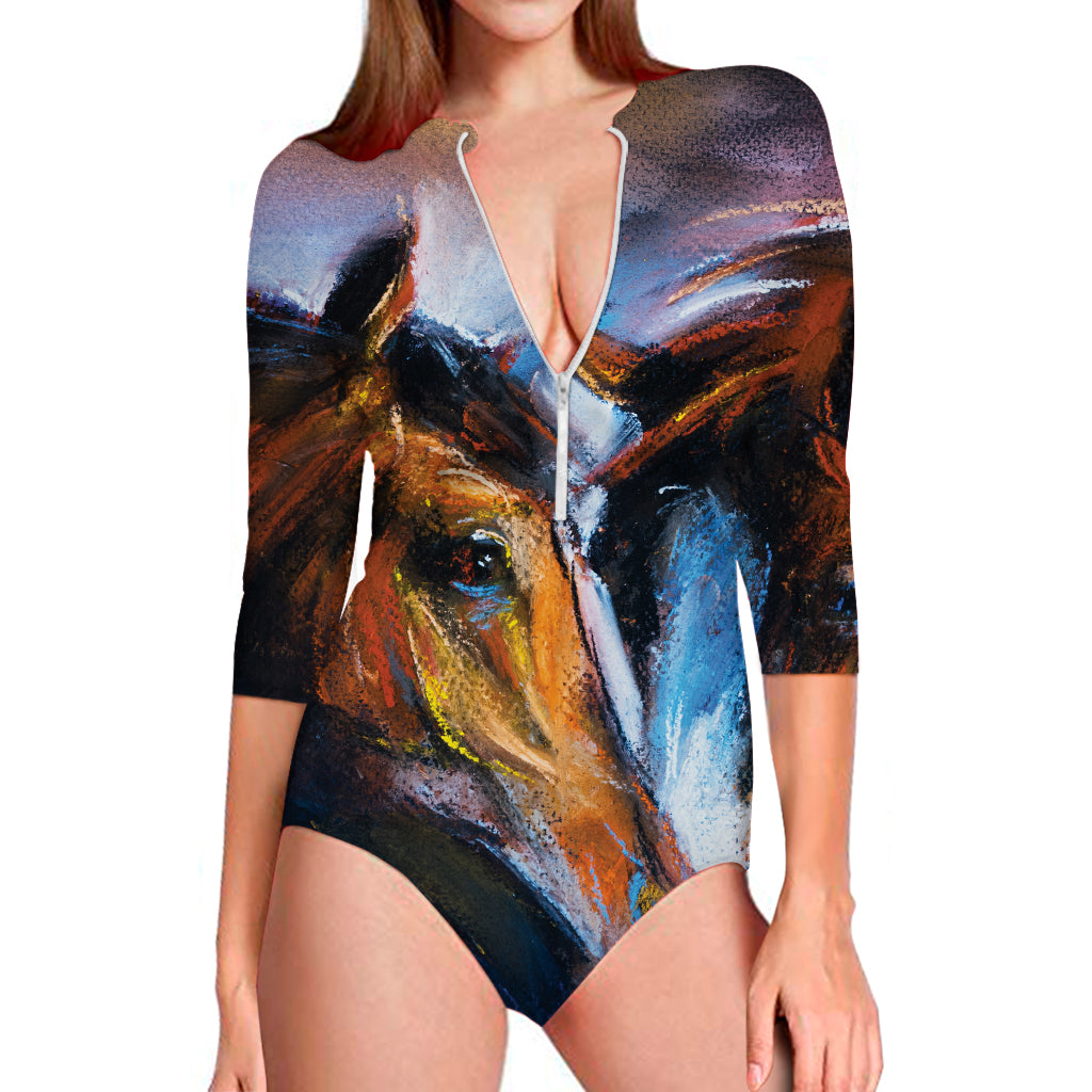 Couple Horses Painting Print Long Sleeve Swimsuit