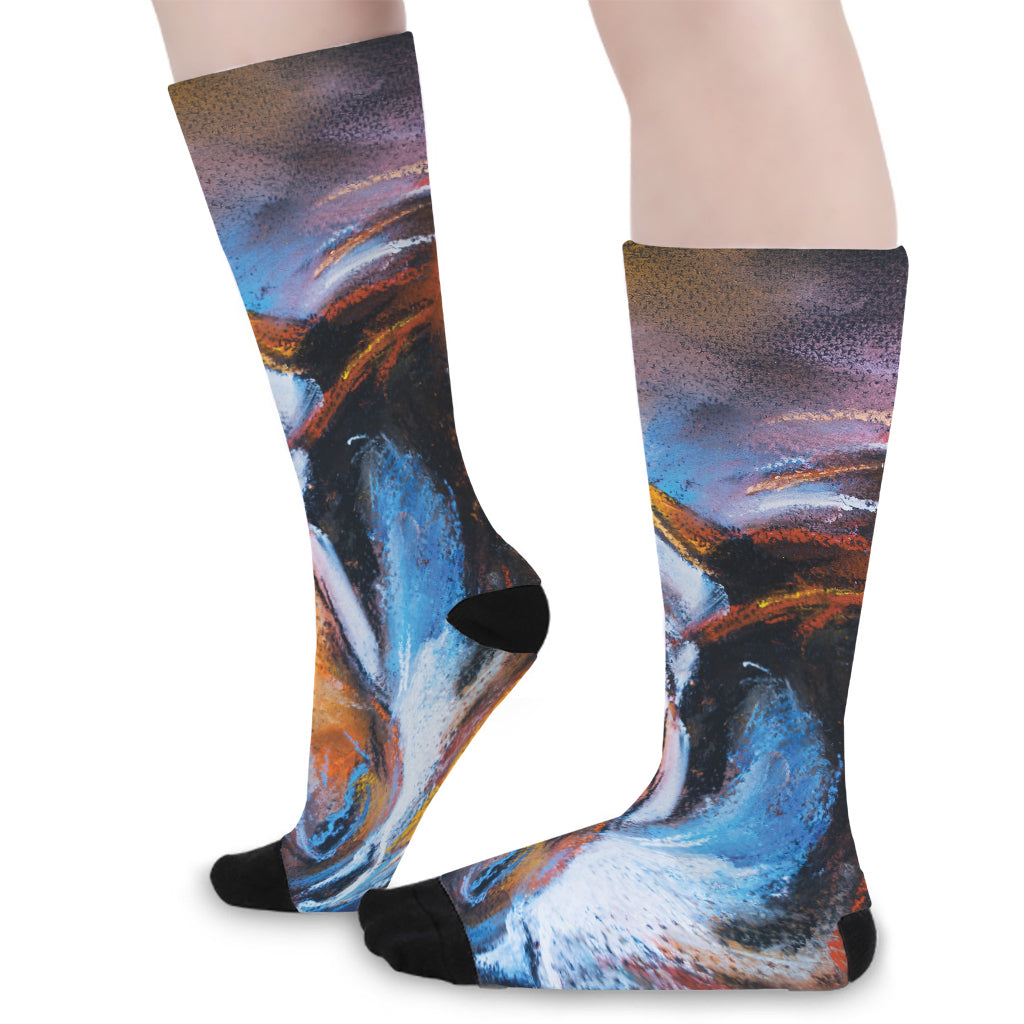 Couple Horses Painting Print Long Socks