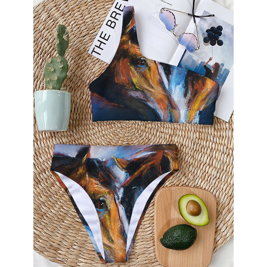 Couple Horses Painting Print One Shoulder Bikini Top