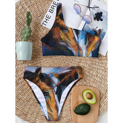 Couple Horses Painting Print One Shoulder Bikini Top