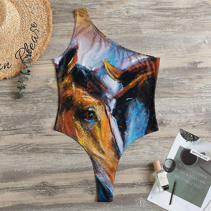 Couple Horses Painting Print One Shoulder Bodysuit