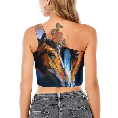 Couple Horses Painting Print One Shoulder Crop Top