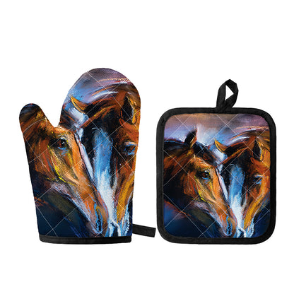 Couple Horses Painting Print Oven Mitt And Pot Holder Set