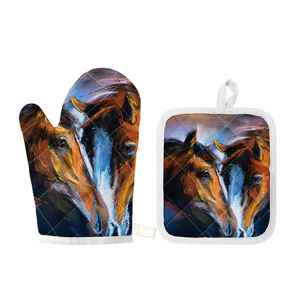 Couple Horses Painting Print Oven Mitt And Pot Holder Set