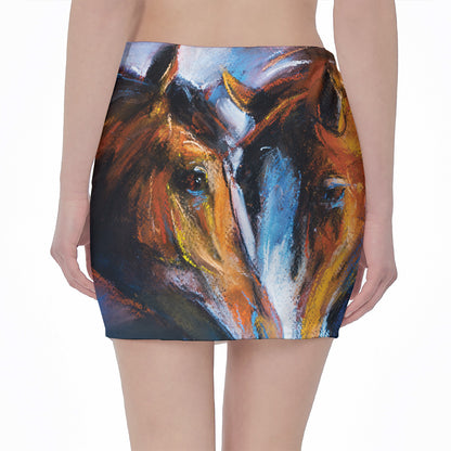 Couple Horses Painting Print Pencil Mini Skirt
