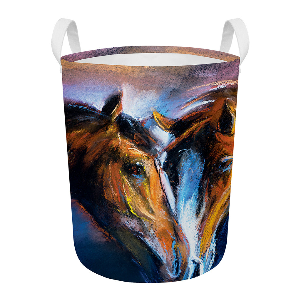 Couple Horses Painting Print Round Laundry Basket