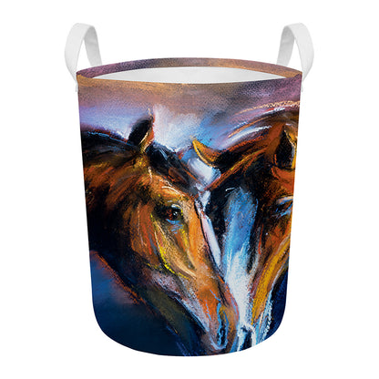Couple Horses Painting Print Round Laundry Basket