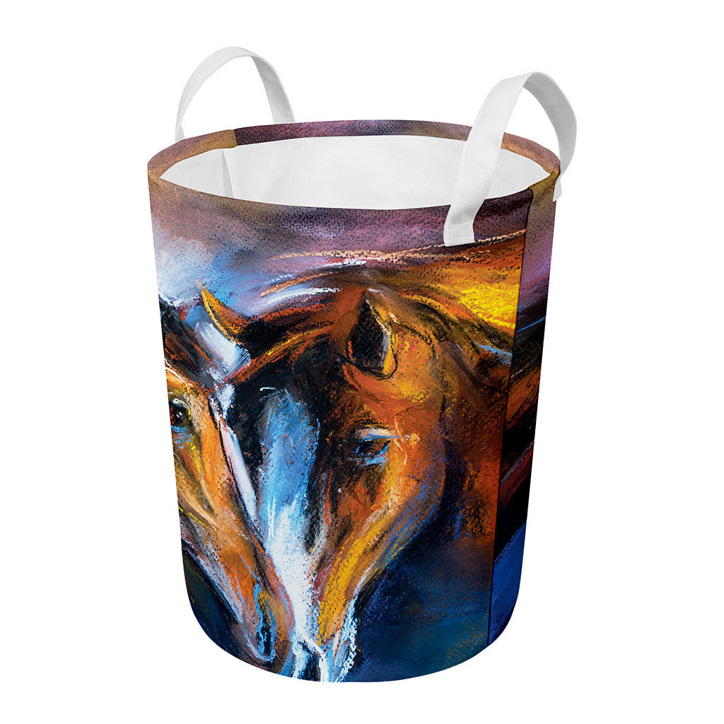 Couple Horses Painting Print Round Laundry Basket