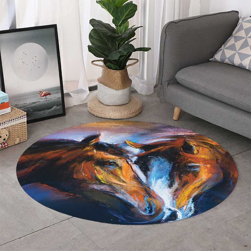 Couple Horses Painting Print Round Rug