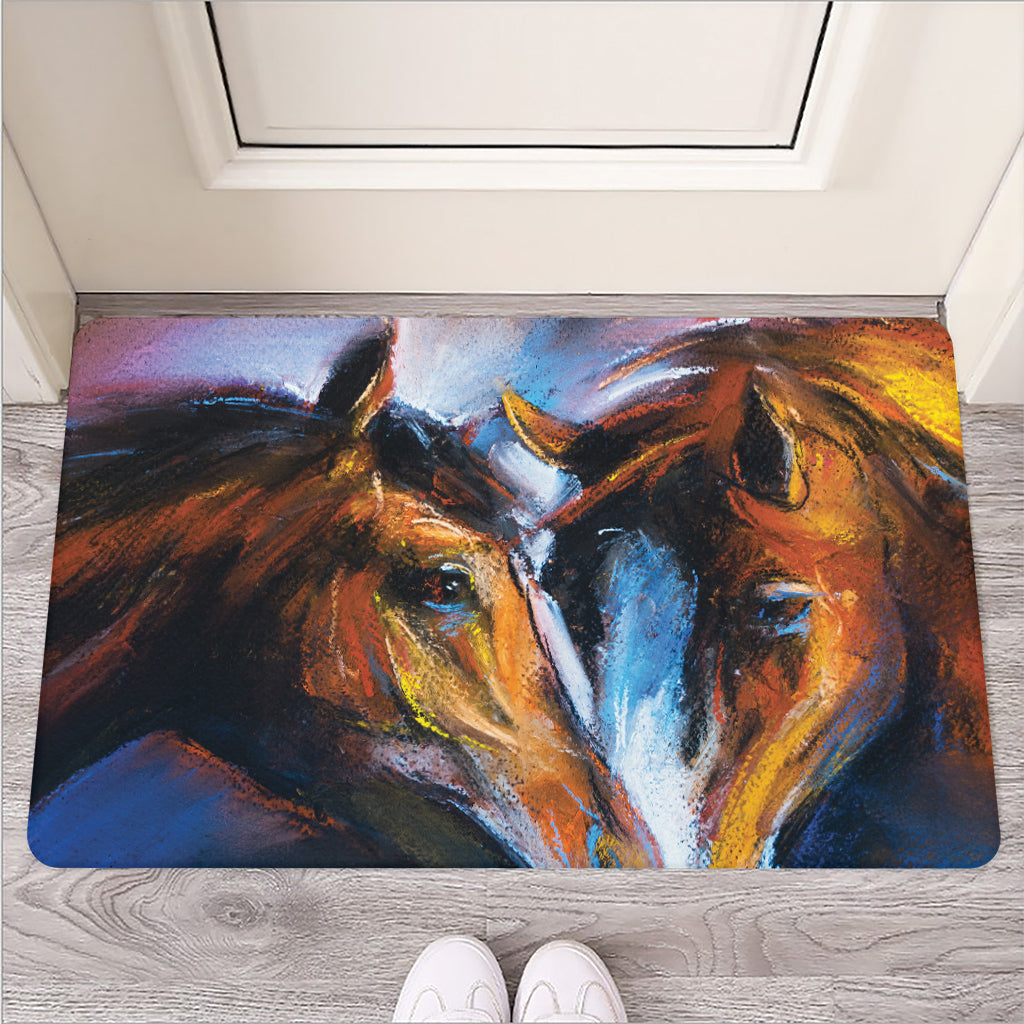 Couple Horses Painting Print Rubber Doormat
