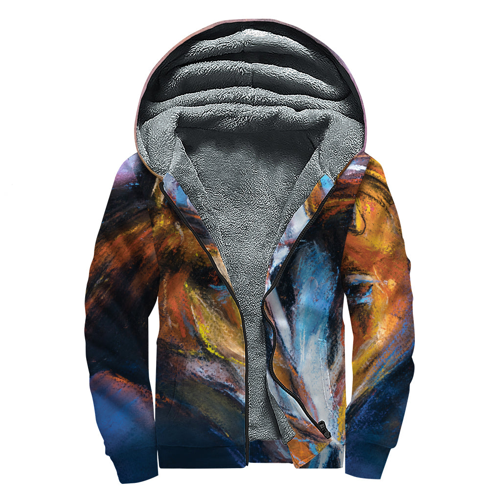 Couple Horses Painting Print Sherpa Lined Zip Up Hoodie