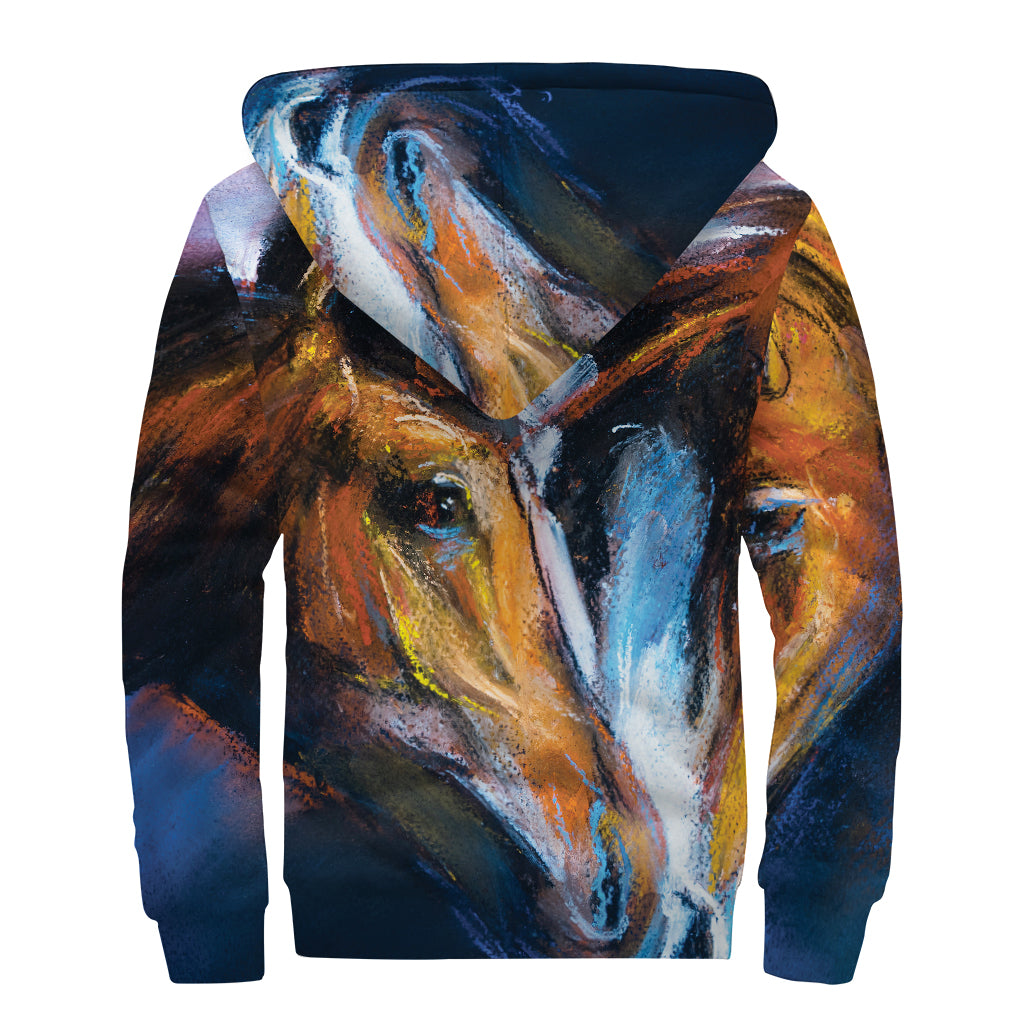 Couple Horses Painting Print Sherpa Lined Zip Up Hoodie