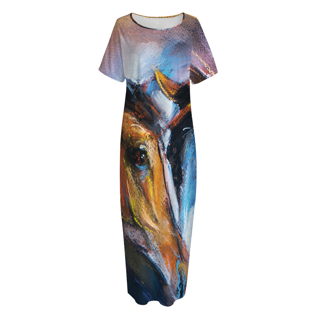 Couple Horses Painting Print Short Sleeve Long Nightdress