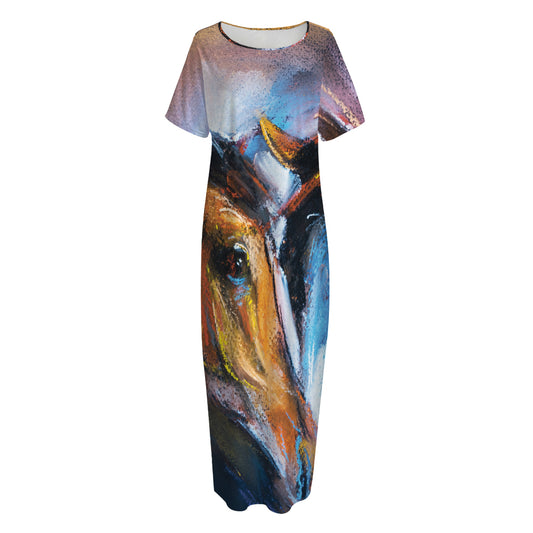 Couple Horses Painting Print Short Sleeve Long Nightdress